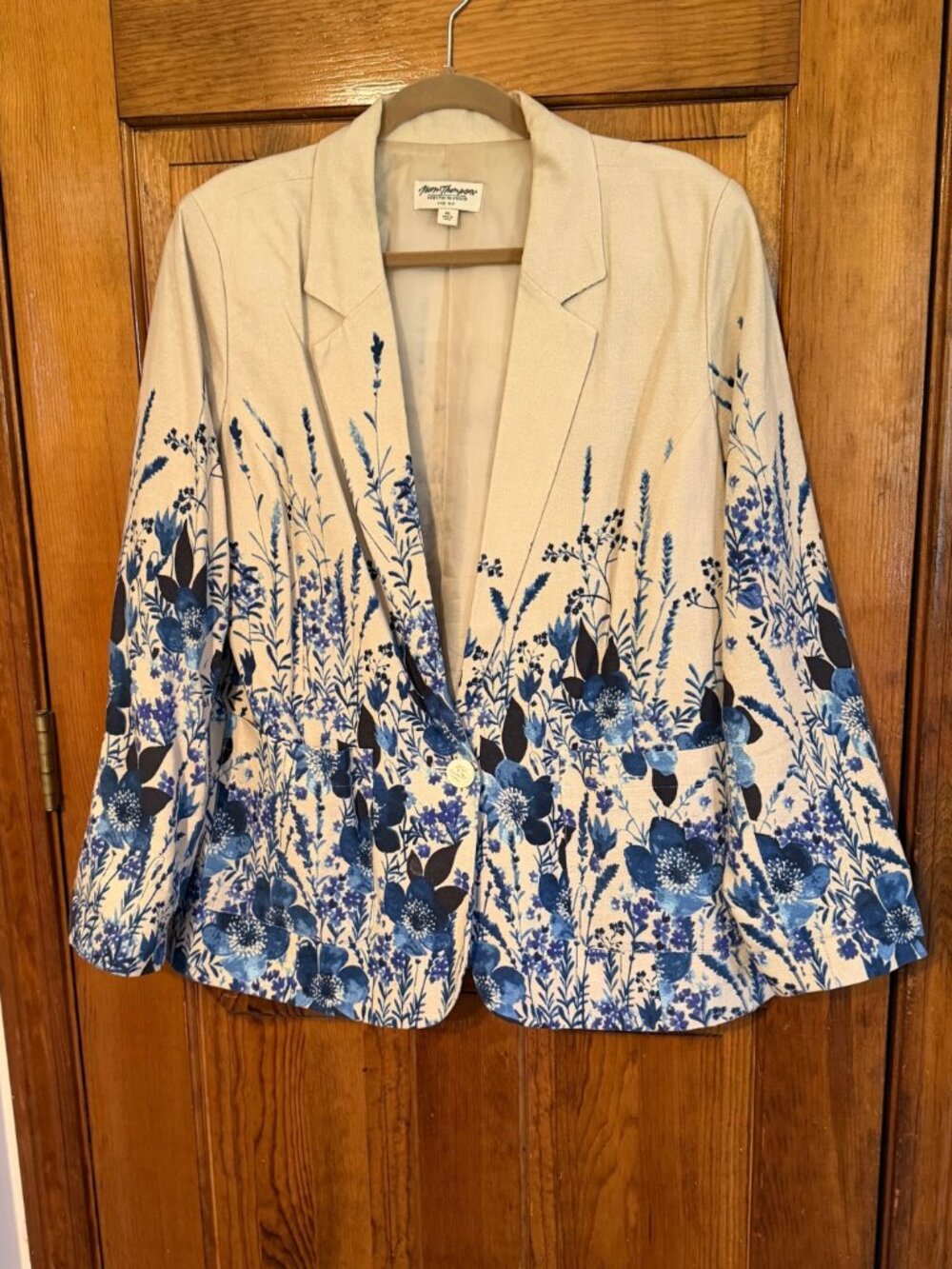 Cream & Blue Floral Linen-Blend Jacket - XL